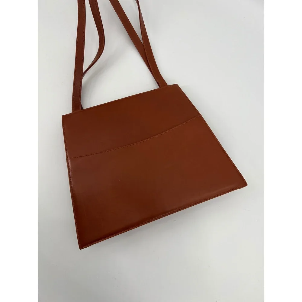 Vintage INDE Cognac Brown Leather Trapezoid Shoulder Bag Minimalist Tote 90s Y2K